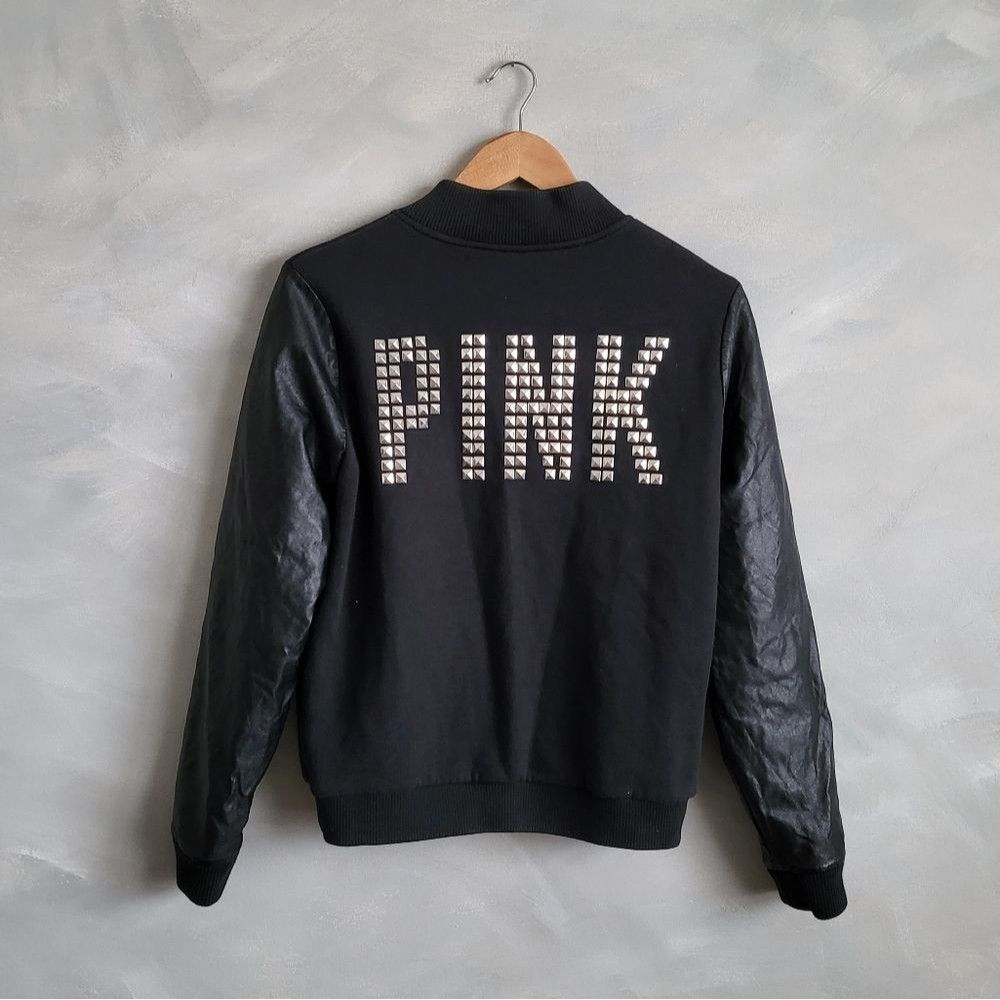 Victoria's Secret PINK Black Varsity Jacet Silver Stud Faux Leather Sleeve Sz S